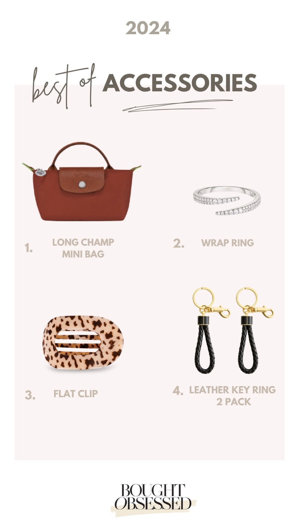 2024 best of accessories 

•longchamp perfect for events, carry alone, or to use in larger totes
•flat hair clip you can lean back in
•leather keychain looks like my bottega keychain 
•diamond wrap pinky ring 

#LTKSeasonal #LTKItBag