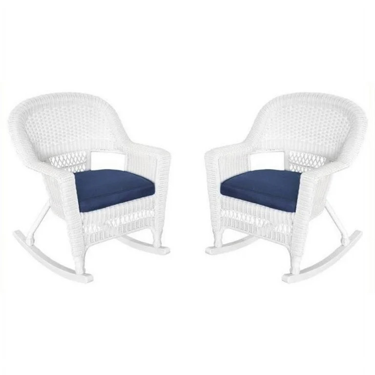 Pemberly Row Wicker Patio Rocker with Cushion in White and Blue (Set of 2) | Walmart (US)