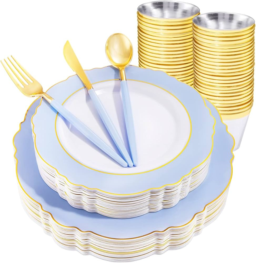 WDF 150pieces Blue Plastic Plates with Gold Rim& Disposable Gold Plastic Silverware With Blue Han... | Amazon (US)