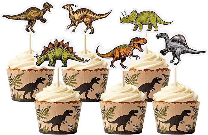 36PCS Realistic Dinosaur Cupcake Toppers Dino Party Cake Picks with 6 Designs Prehistoric Birthda... | Amazon (US)