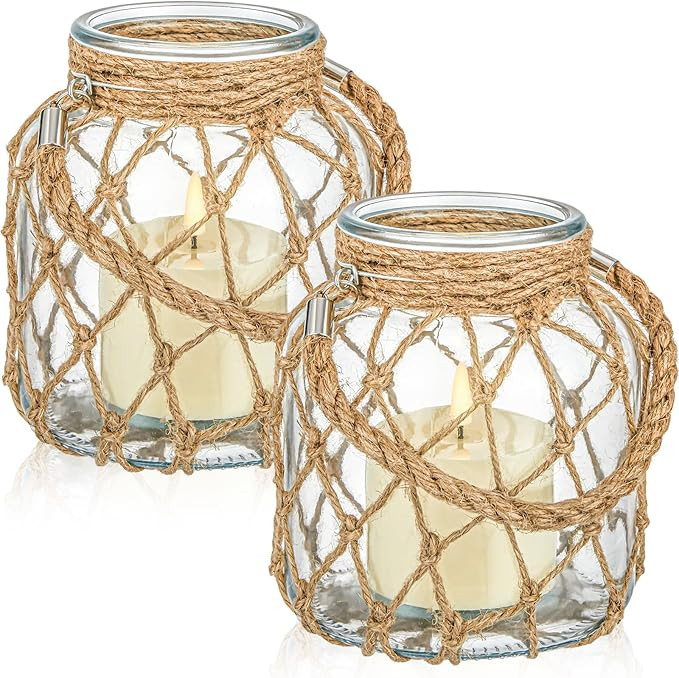 2 Set Nautical Candle Lantern with Rope Handle Coastal Glass Jar Battery Operated LED Flameless L... | Amazon (US)