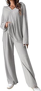Women's Pajama Set V Neck Long Sleeve Sleepwear and Long Pants 2 piece Loungewear Solid Pjs | Amazon (US)