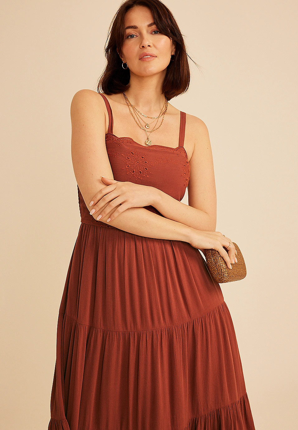 Bare Embroidered Eyelet Tiered Midi Dress | Maurices