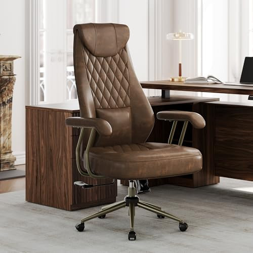 High Back Executive Office Chair, Ergonomic PU Leather Desk Chair with Integrated Headrest, Lumbar Support & Recline Function, Adjustable Swivel Computer Chair for Home Office, Brown | Amazon (US)
