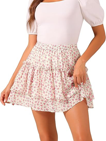 Allegra K Women's 2023 Floral Tiered Ruffle Skirts Cute Summer Flowy Chiffon Mini Skirt | Amazon (US)