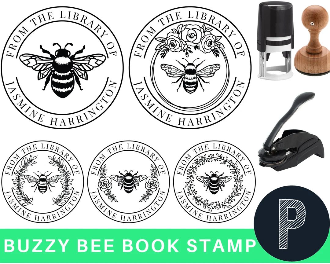 BEE BUZZY BEE Floral Wreath Library of Stamp or Embosser, Custom Library Stamp, Personalized Book... | Etsy (US)