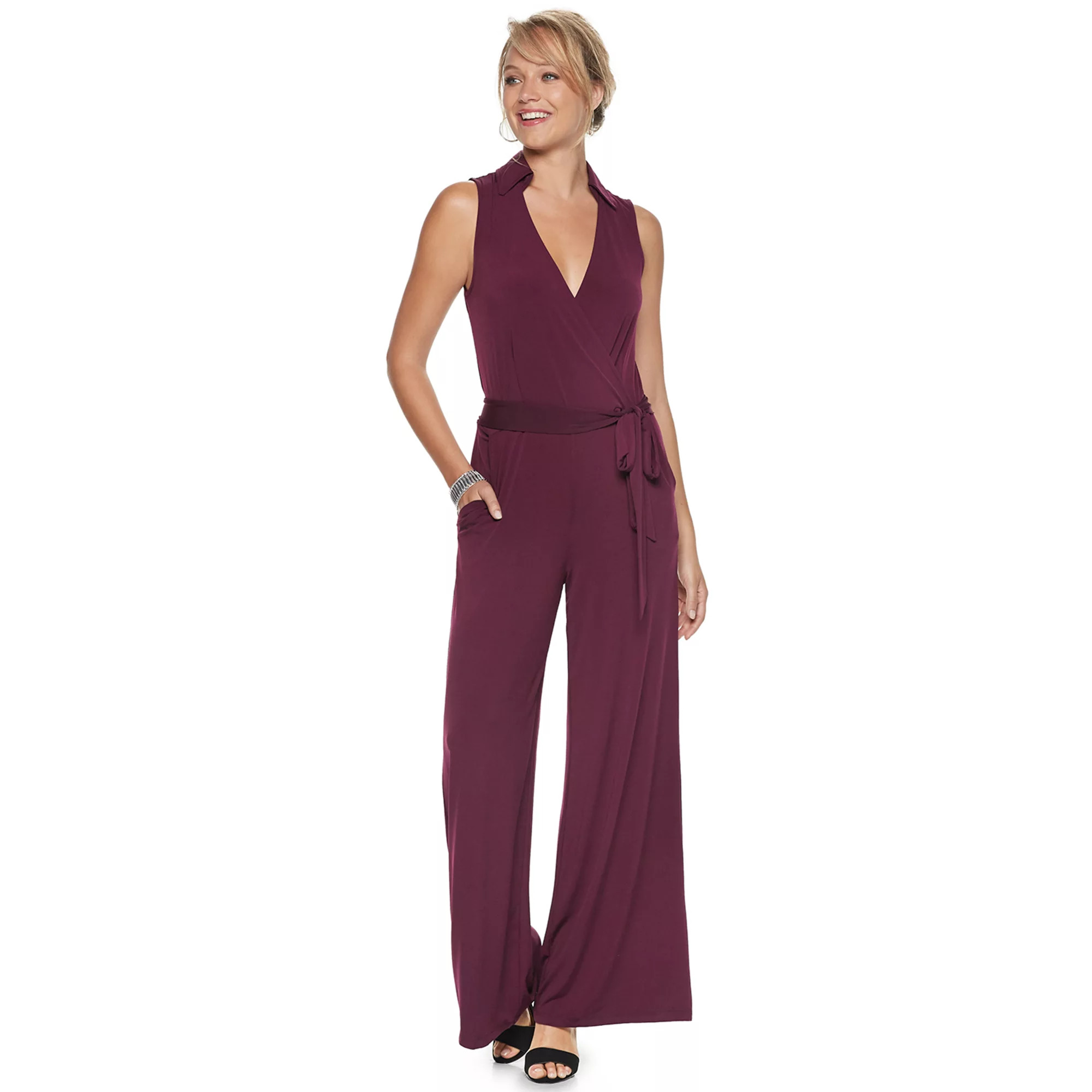 Women's Nina Leonard Collared Sleeveless Surplice Wide-Leg Jumpsuit | Kohl's