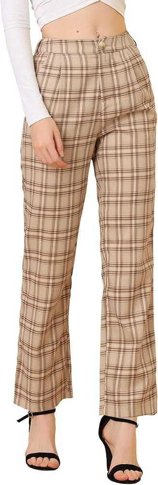 Allegra K Women's Plaid Pants Elastic Waist Casual Work Office Long Trousers | Amazon (US)
