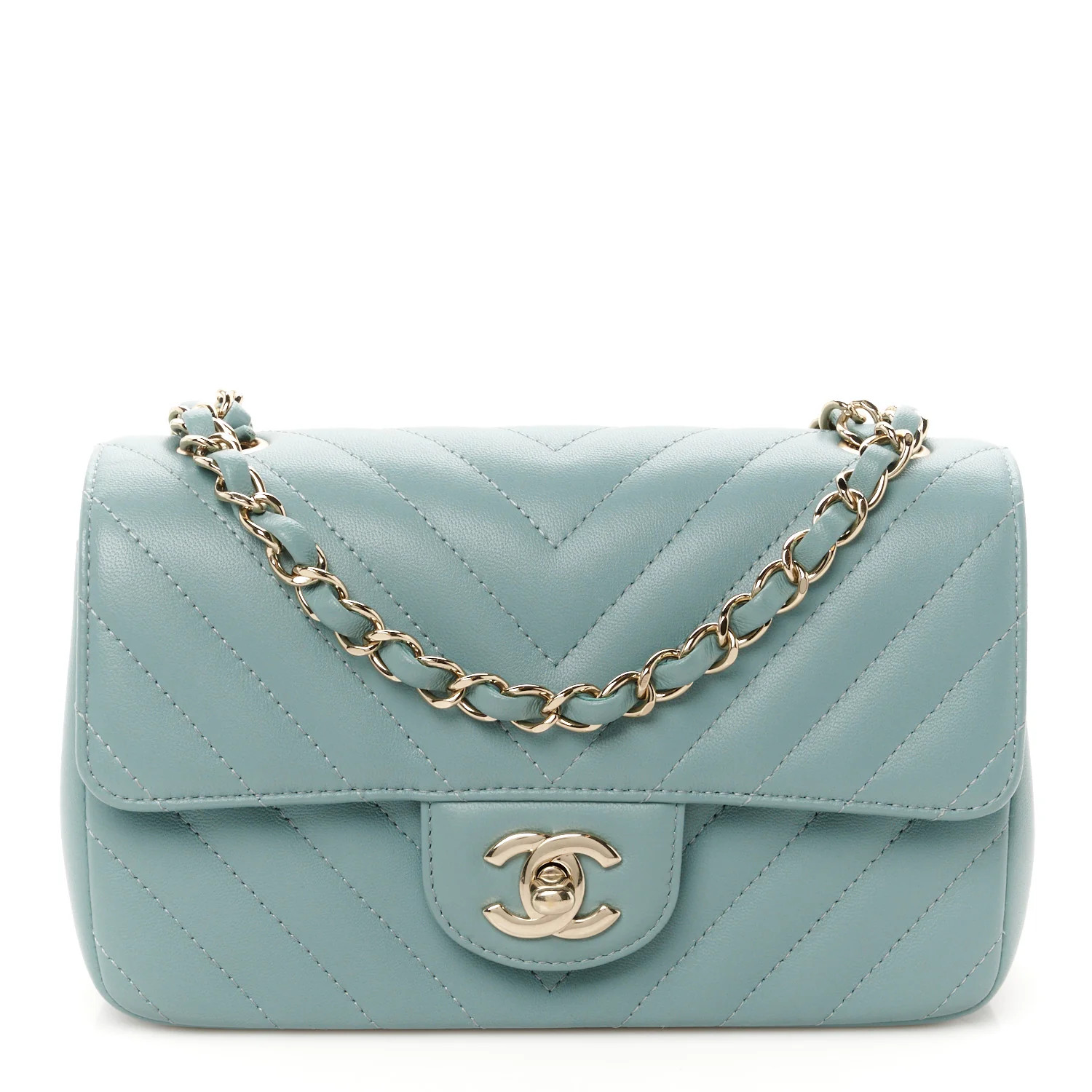 Lambskin Chevron Quilted Mini Rectangular Flap Light Blue | FASHIONPHILE (US)