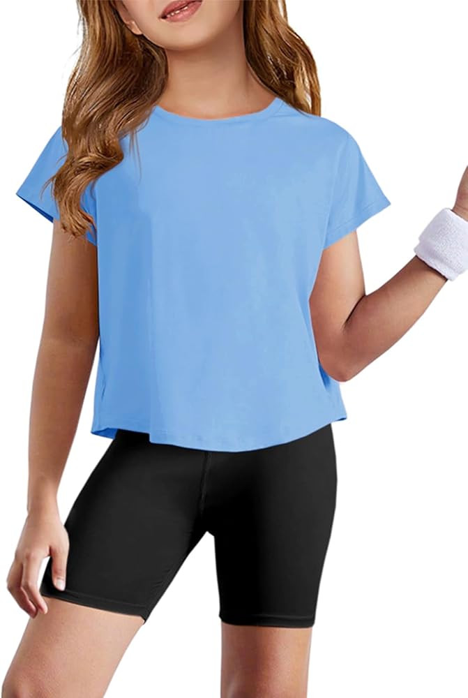 Haloumoning Girls Loose Athletic Shirts Short Sleeve Crop Tops Kids Quick Dry Gym Yoga Tees 5-14 ... | Amazon (US)