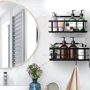 2-Pack Adhesive Shower Caddy, No Drilling Traceless Shower Caddy Shelf Organizer with 2 Hooks, Ru... | Amazon (US)