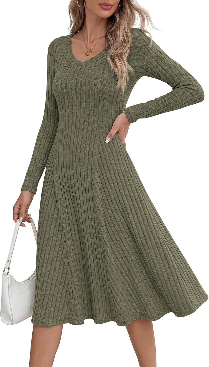 KIRUNDO Fall Dresses for Women Ribbed Knit Long Sleeve Midi Sweater Dress | Lightweight Soft Warm... | Amazon (US)