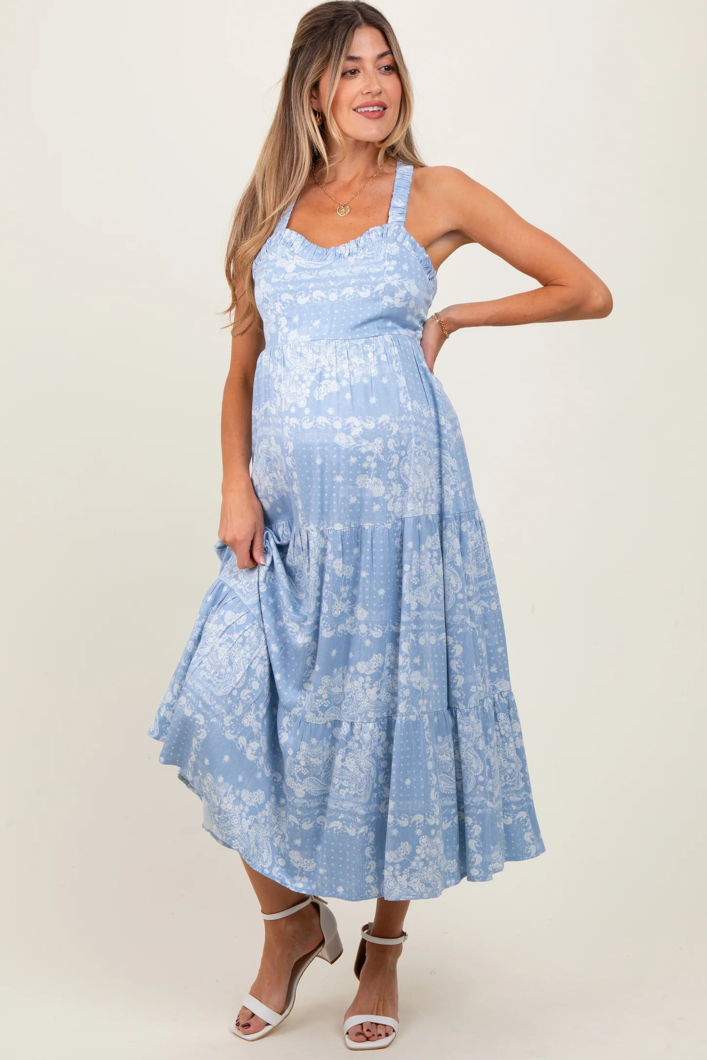 Light Blue Floral Tiered Crisscross Back Maternity Midi Dress | PinkBlush Maternity