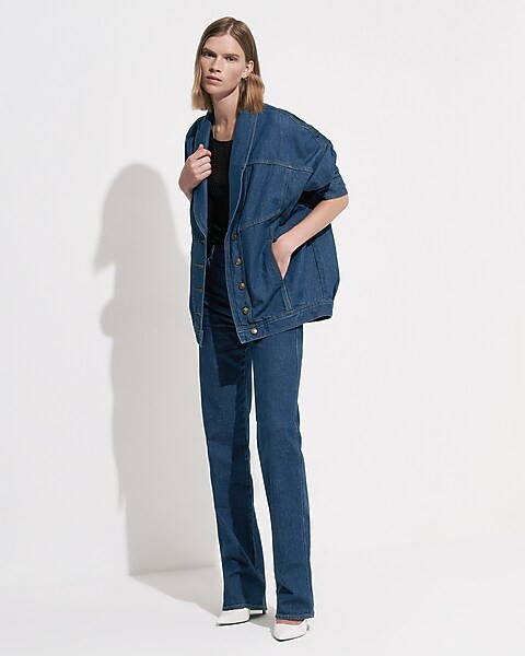 Express x Simon Spurr Oversized Dark Indigo Denim Jacket | Express