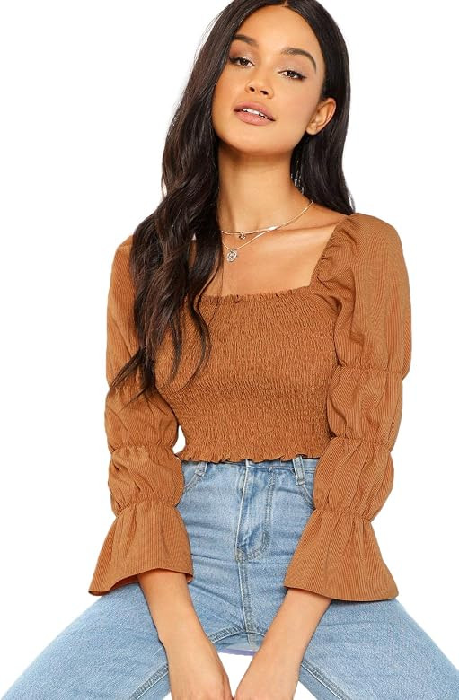 Women's Elastic Square Neck Puff Sleeve Shirred Crop Top | Amazon (US)