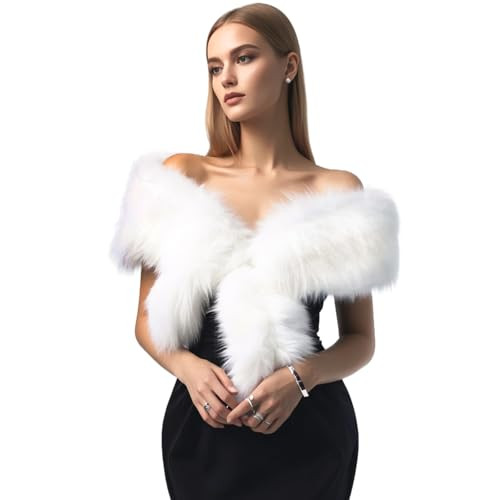 Barelove Long Women's Faux Fur Collar Scarf Wrap, Cold Winter Warm Stole Scarf Shawl Shrug Neck Warmer Wrap (White with Tips) | Amazon (US)