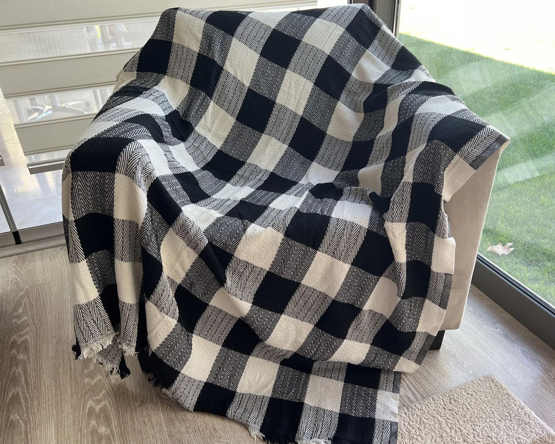 Black Checkerboard Throw Blanket, Buffalo Plaid Cotton Blanket, Sofa Couch Cover Blanket, Housewa... | Etsy (US)