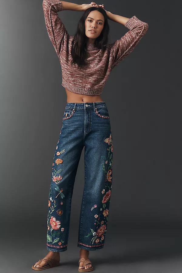 Driftwood Cotton Davina Embroidered High-Rise Barrel Jeans | Anthropologie (US)