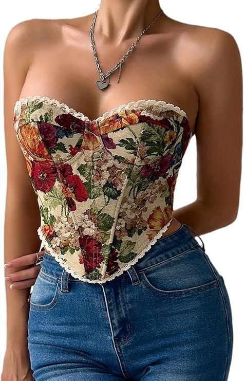 Women's Vintage Floral Strapless Corset Top Lace Trim Lace-up Sweetheart Bustier Crop Tube Tops | Amazon (US)