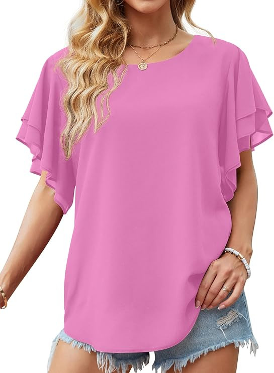 GRECERELLE Womens Summer Tops Double Ruffle Short Sleeve Chiffon Blouse | Amazon (US)