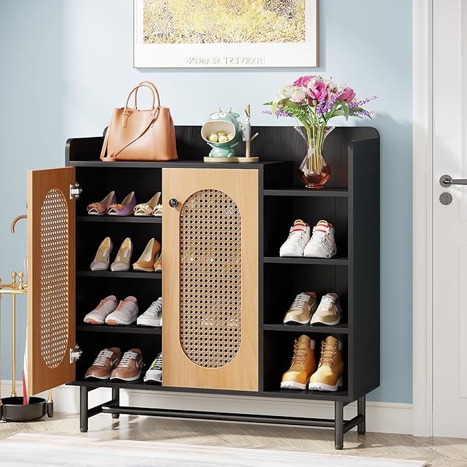 Tribesigns Rattan Shoe Cabinet, Wood Shoe Storage Cabinet with 2 Rattan Door and 4-Tier Open Shel... | Amazon (US)