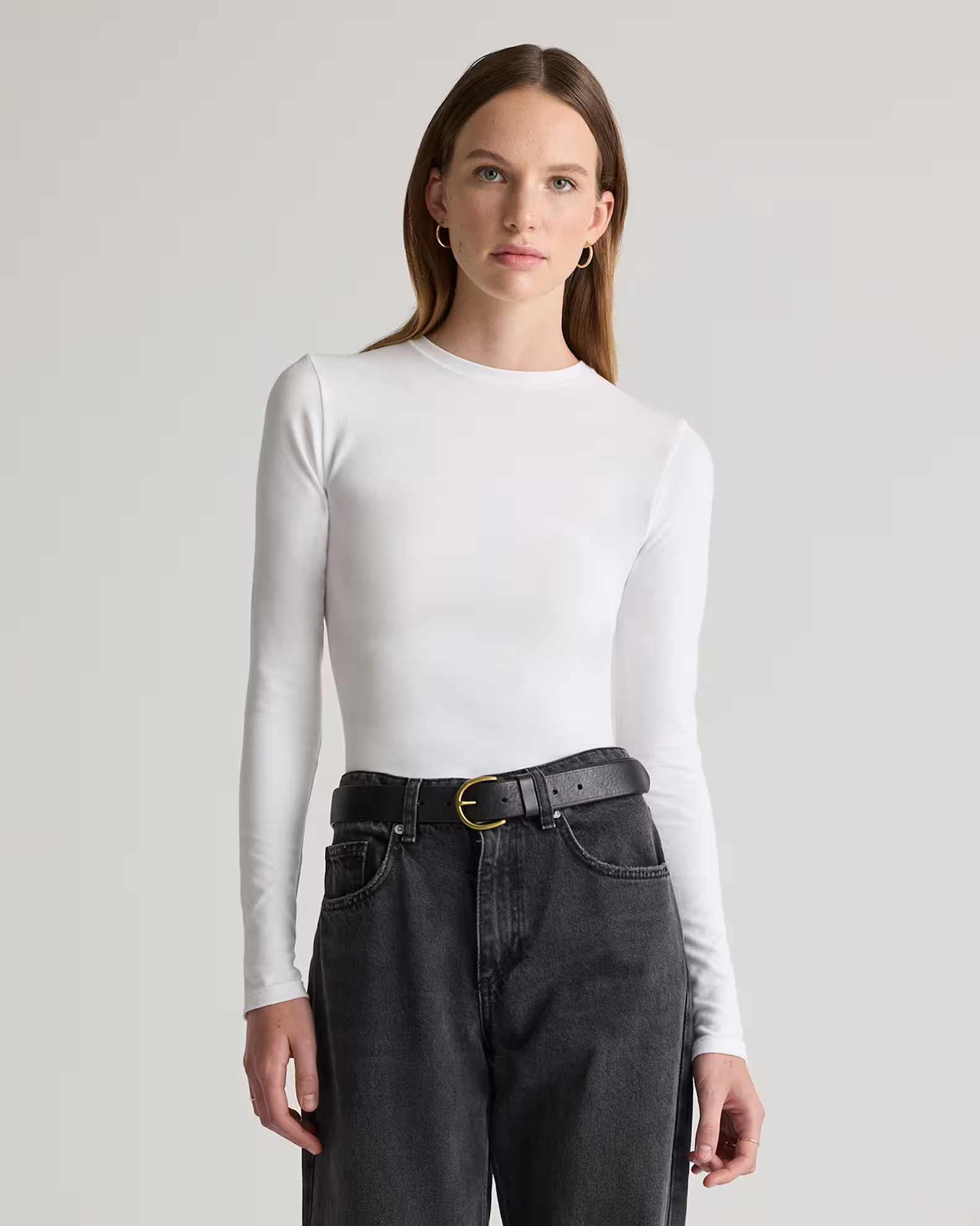 Stretch Cotton Jersey Fitted Long Sleeve T-Shirt in Soft White | Quince