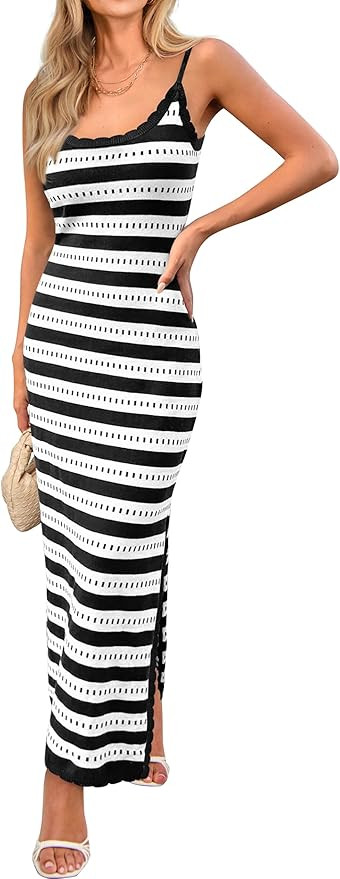 MASCOMODA Women 2025 Spaghetti Strap Striped Bodycon Maxi Dress Summer Sleeveless Knit Fitted Bea... | Amazon (US)