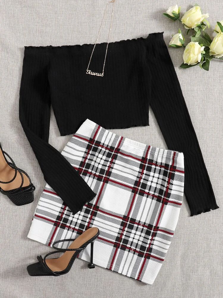 SHEIN Off Shoulder Lettuce Edge Tee and Tartan Skirt Set | SHEIN