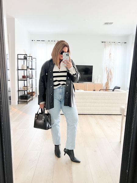 Sweater XL 
Jeans 31/12 
Shacket - linked similar 
Boots linked similar 
Use code denimaf to save an extra 15% on the jeans until the 6th 

#LTKstyletip #LTKunder50 #LTKunder100