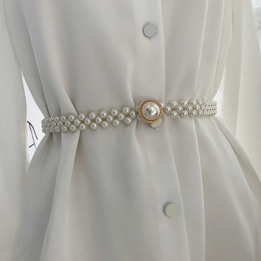 One Elastic Pearl Beaded Belt Women Simple Large Size Pearl Buckle Waist Chain, Matching Skirts, ... | SHEIN