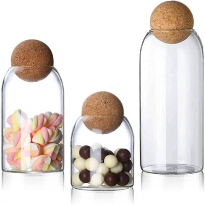 3 Piece Glass Storage Containers with Airtight Seal Wood Ball Lids, Apothecary Jars with Lids, Candy Jar for Food, Coffee, Bean, Tea, Spice, Salt, Sug | SHEIN