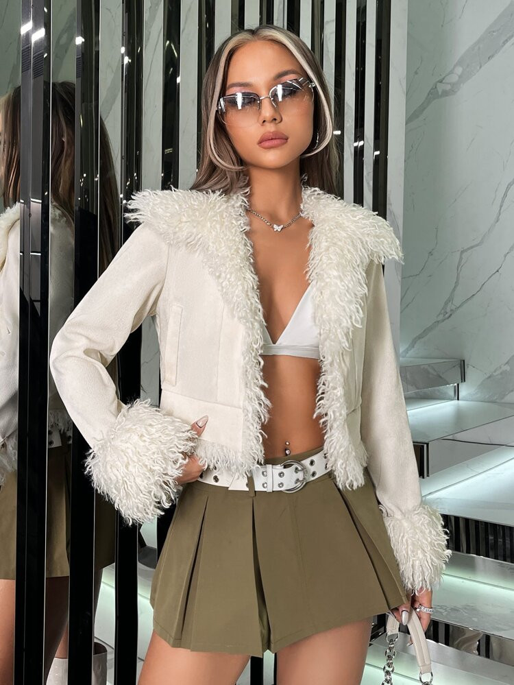 SHEIN ICON Fuzzy Trim Open Front Jacket | SHEIN