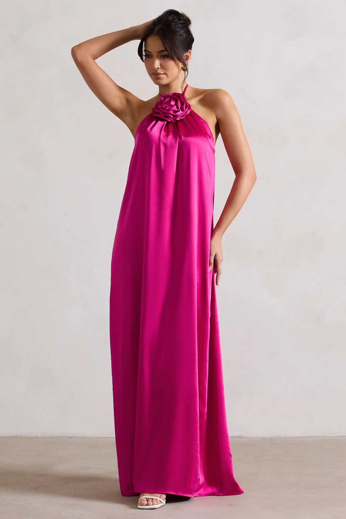 Everleigh | Dark Pink Satin Relaxed Fit Maxi Column Dress With Corsage | Club L London