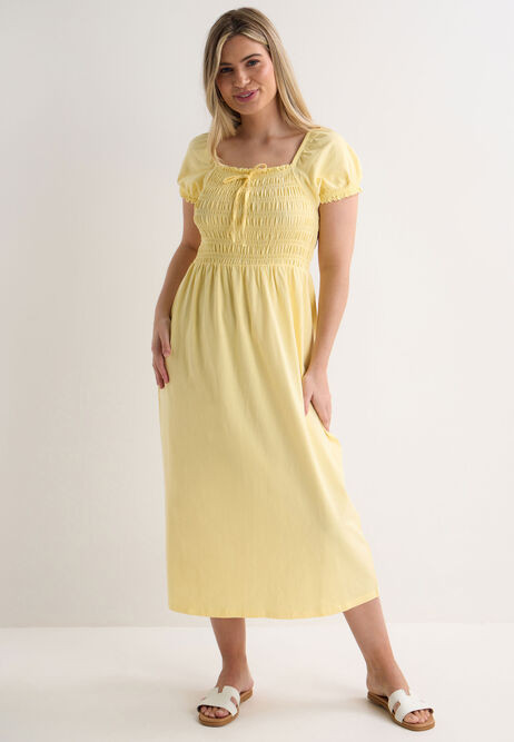 Womens Buttermilk Yellow Shirred Milkmaid Tie Detail Midi Dress | Peacocks