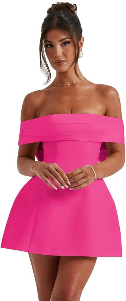 Women's Off Shoulder Homecoming Dress with Bow A Line Short Cocktail Party Dress Evening Gowns | Amazon (US)