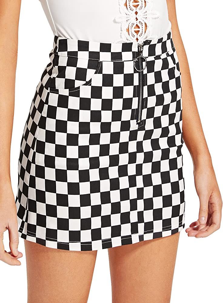 Women's Elegant Mid Waist Above Knee O-Ring Zipper Plaid Mini Skirt | Amazon (US)