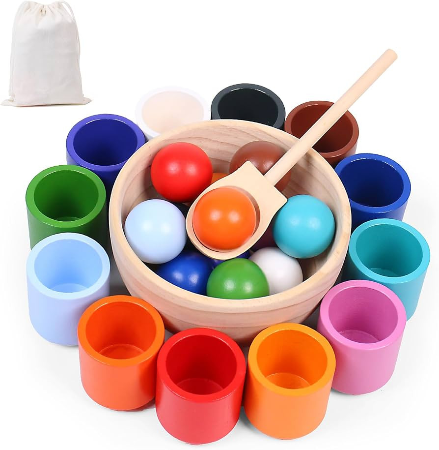 Regenbogen B\u00e4lle in Tassen, Montessori Holz Sortier Stapelspielzeug mit 12 B\u00e4llen zum F... | Amazon (DE)