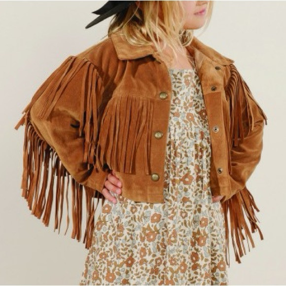 Rylee + Cru Tan Cropped Button Front Faux Suede Fringe Jacket Rust 12-14Y | Poshmark