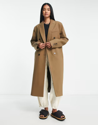 Topshop double breasted long coat in dark camel | ASOS (Global)