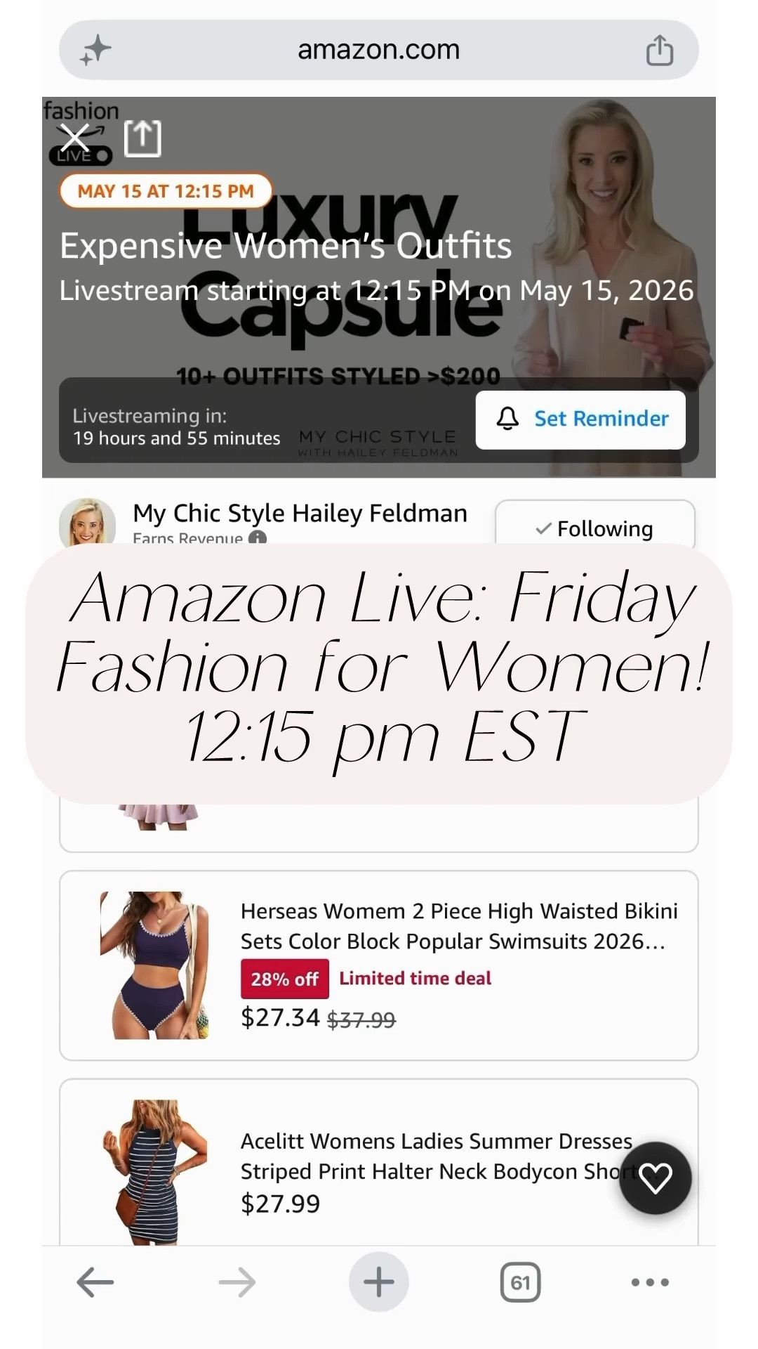 Join me today! Friday, May 15 2026 at 12:15 pm est on Amazon Live. 
Spring fashion luxury capsule wardrobe outfits styled for women

👉 Join: https://amazon.com/live/broadcast/ddb14724-ac1c-4930-a1a7-2b1f69934230?tag=haileyfeldman-20&linkCode=ilv&ref_=social

#LTKPetite #LTKSwim #LTKgrwm