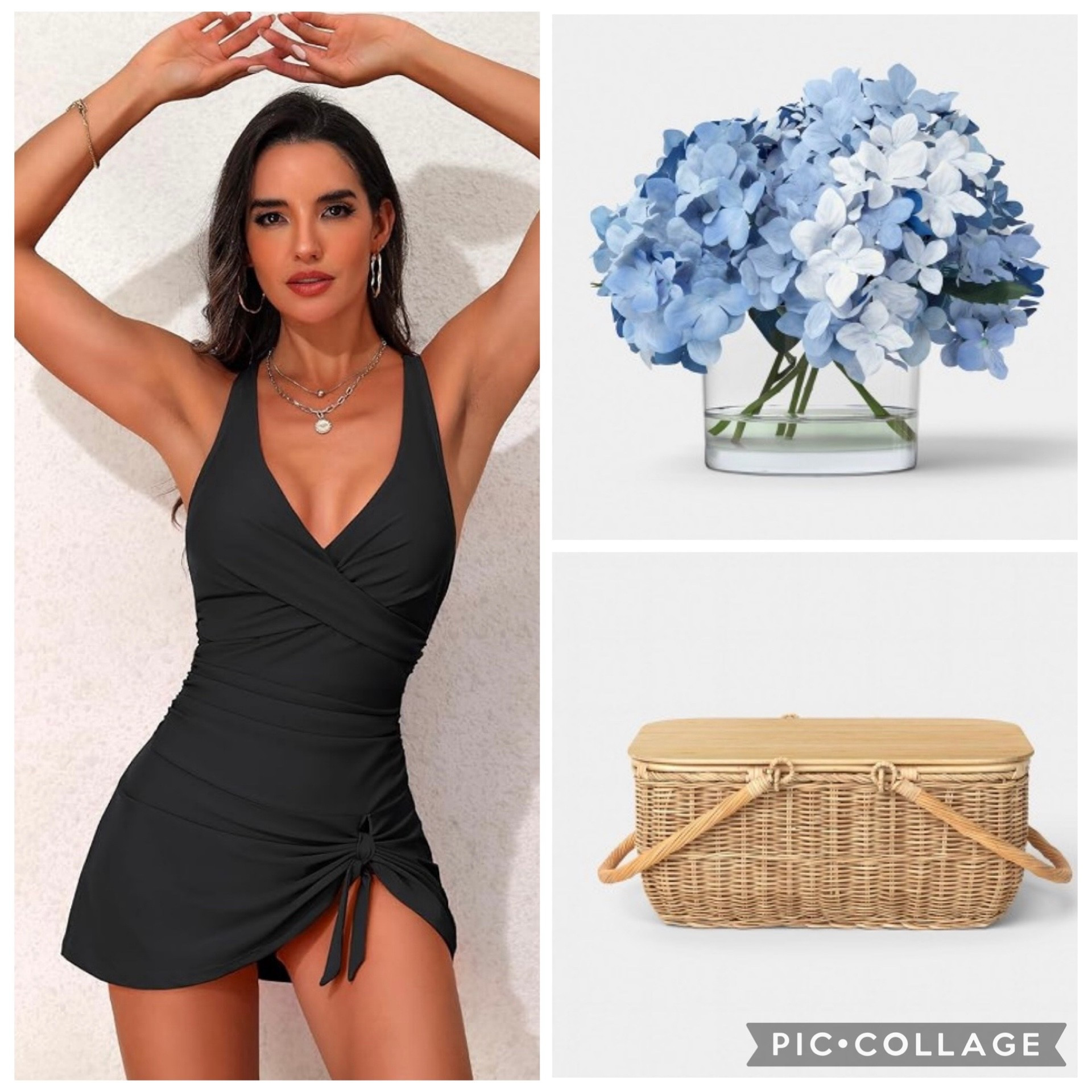 The 3 things I’m telling all my friends about this week. This tummy control black one piece bathing suit with attached skirt is so flattering. I’m obsessed. Hydrangeas are my favorite flowers so I found the perfect faux look in case you’re not into the upkeep of fresh flowers. So good and affordable. If you love to picnic this adorable basket is perfection. Xoxo 😘 

#LTKHome #LTKSeasonal #LTKSwim