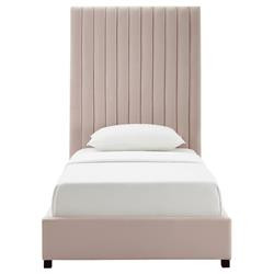 Avery Modern Classic Light Pink Velvet Upholstered Channel Tufted Platform Bed - Twin | Kathy Kuo Home