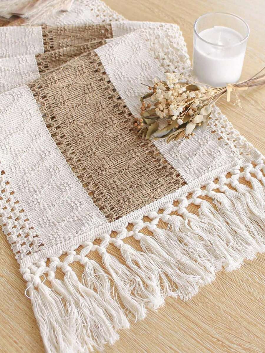 Boho Table Runner  Macrame Table Runners For Home Decor Cream & Brown Macrame Table Runner With T... | SHEIN
