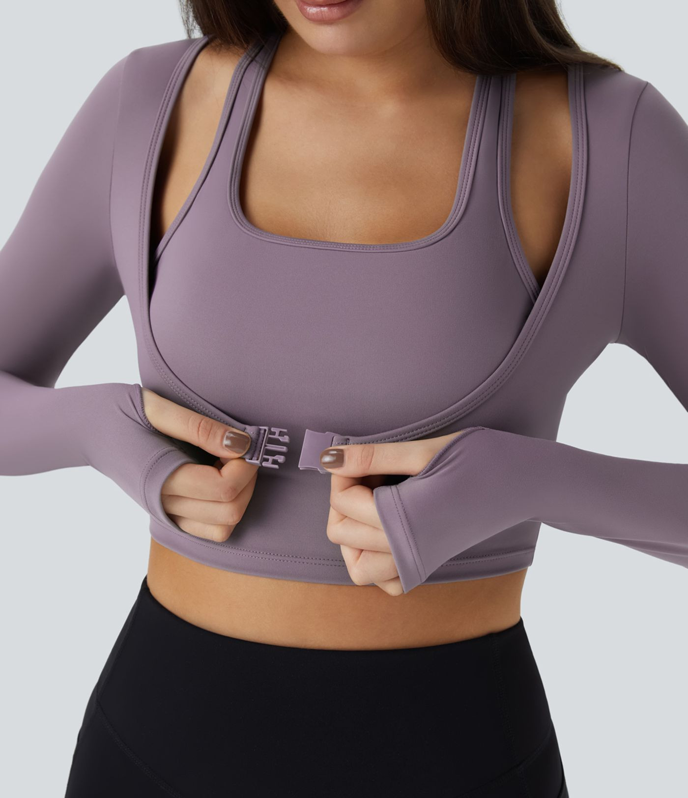 Women’s SoftlyZero™ Plush Halter Thumb Hole Long Sleeve Cropped 2-in-1 Yoga Sports Top - Hala... | HALARA