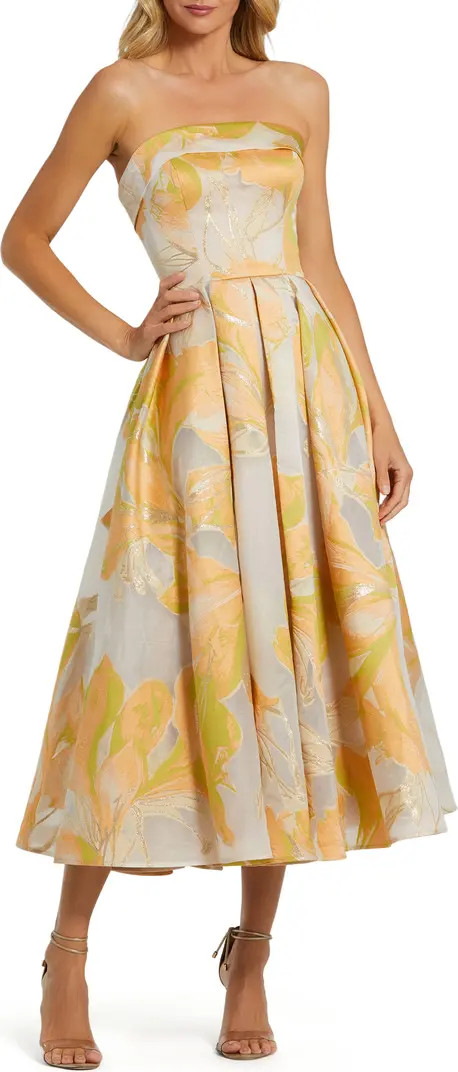 Mac Duggal Strapless Floral Print Brocade Midi Dress | Nordstrom | Nordstrom