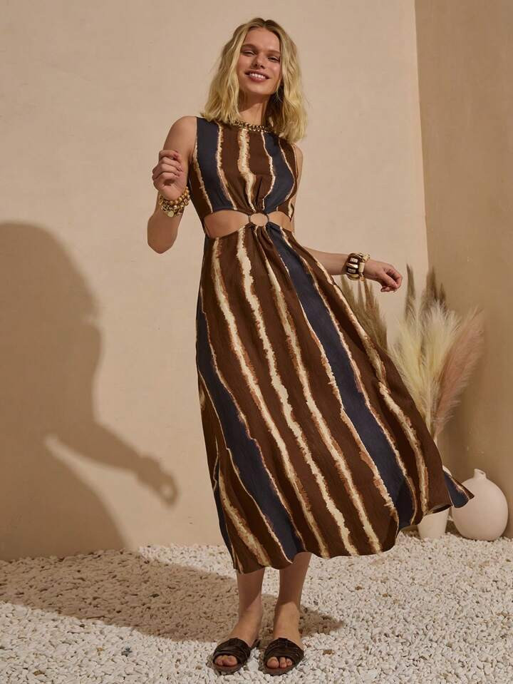 Bóhologie Boho Bohemela Womens Clothing Women Summer Clothes Fron Cut Out Rink Accessory Long Dress, Boho Style Printed Multicolor Dress Casual Boho Style Germany Seaside Holiday, Suitable For Everyday, Out Of The Street, Holiday And Other Occasions To Wear | SHEIN