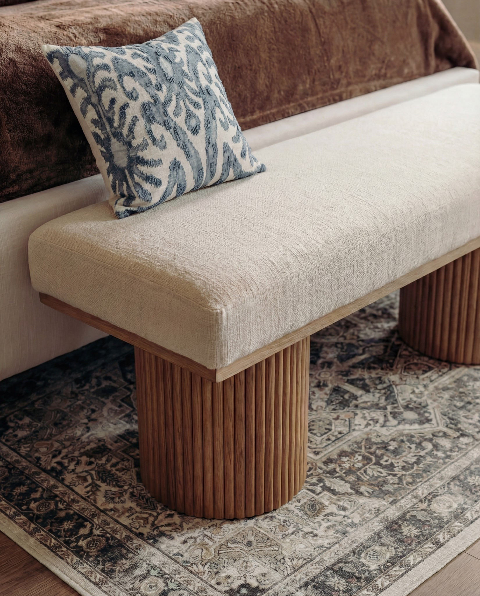 Shop the Look:
• Upholstered bed frame (soft ivory fabric)
• Neutral bedding set (white and light beige)
• Brown throw blanket (plush or wool)
• Blue and ivory accent pillow
• Wood nightstands with drawers (warm oak tone)
• Ceramic table lamps (white base, white shade)
• Blue glass decorative vases
• Framed blue-and-white botanical wall art (set of three)
• Upholstered bench with fluted wood base
• Traditional patterned area rug (beige, taupe, muted blue)
• Floor-length neutral curtains
• Wood ceiling beams (natural stained finish)
• Brass decor bowl all catch
• White and blue decor beads 

#LTKFindsUnder100 #LTKSaleAlert #LTKHome