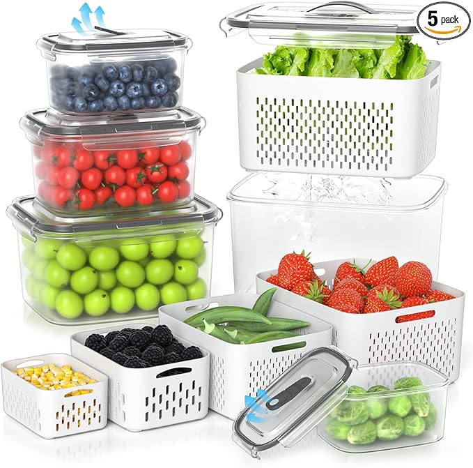 5 Pack Fruit Storage Containers for Fridge - Clear Berry Containers with Colander, Airtight Fridg... | Amazon (US)