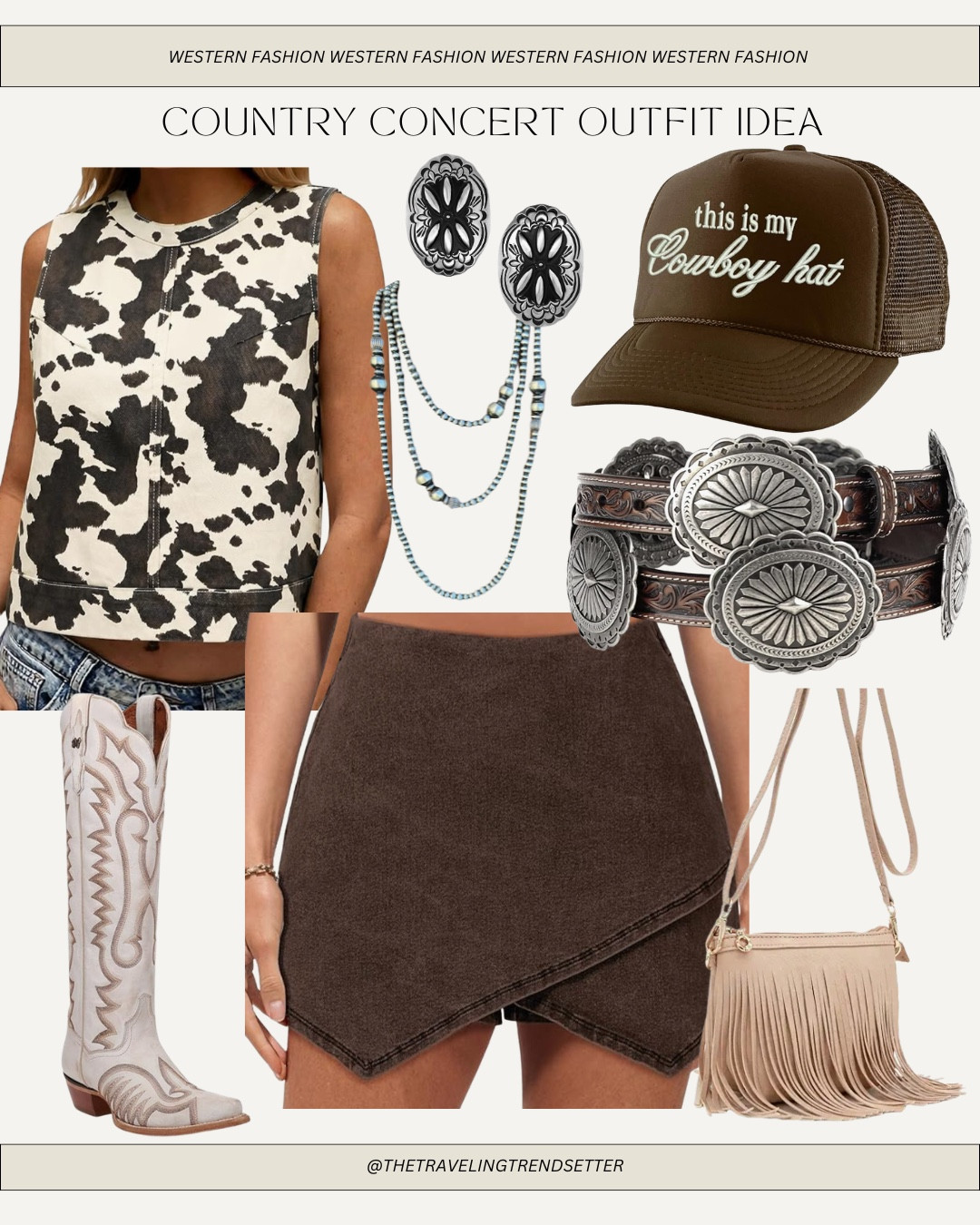 Amazon Western fashion, Nashville outfit, radio outfit, country concert, outfit, festival, outfit, cow, print, top, chocolate, brown, trucker hat , cowgirl, boots, cowboy boots, silver, jewelry, trucker hat ￼

#LTKootd #LTKdayinmylife #LTKWorkwear
