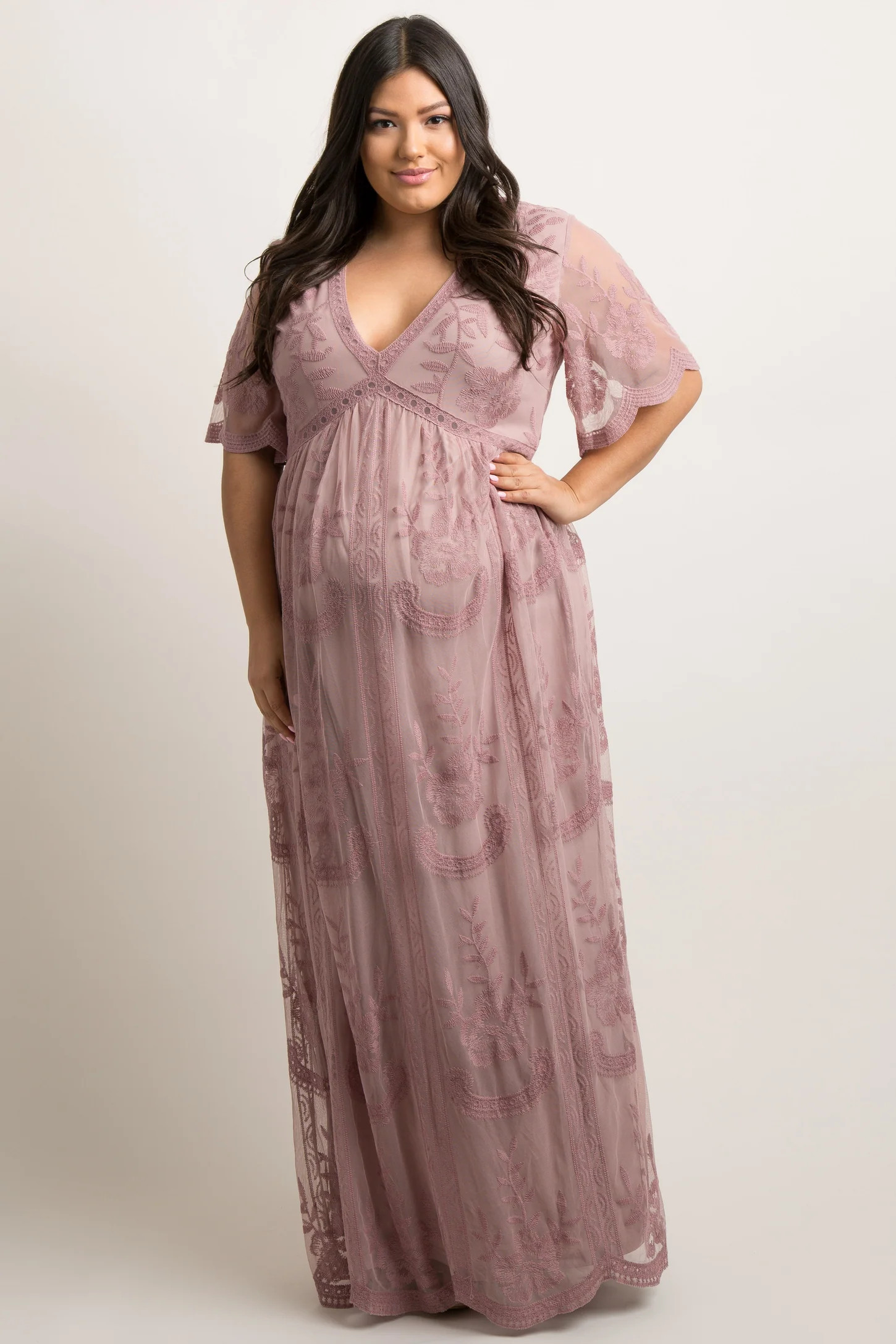 PinkBlush Mauve Lace Mesh Overlay Plus Maternity Maxi Dress | PinkBlush Maternity